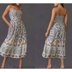 Let Me Be Anthropologie Boho Blue Off White White Floral Print Midi Dress Medium